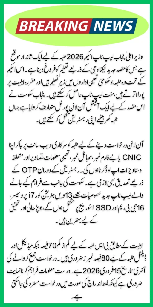 CM Punjab Laptop Scheme 2026 Registration Portal Opens for Eligible Students